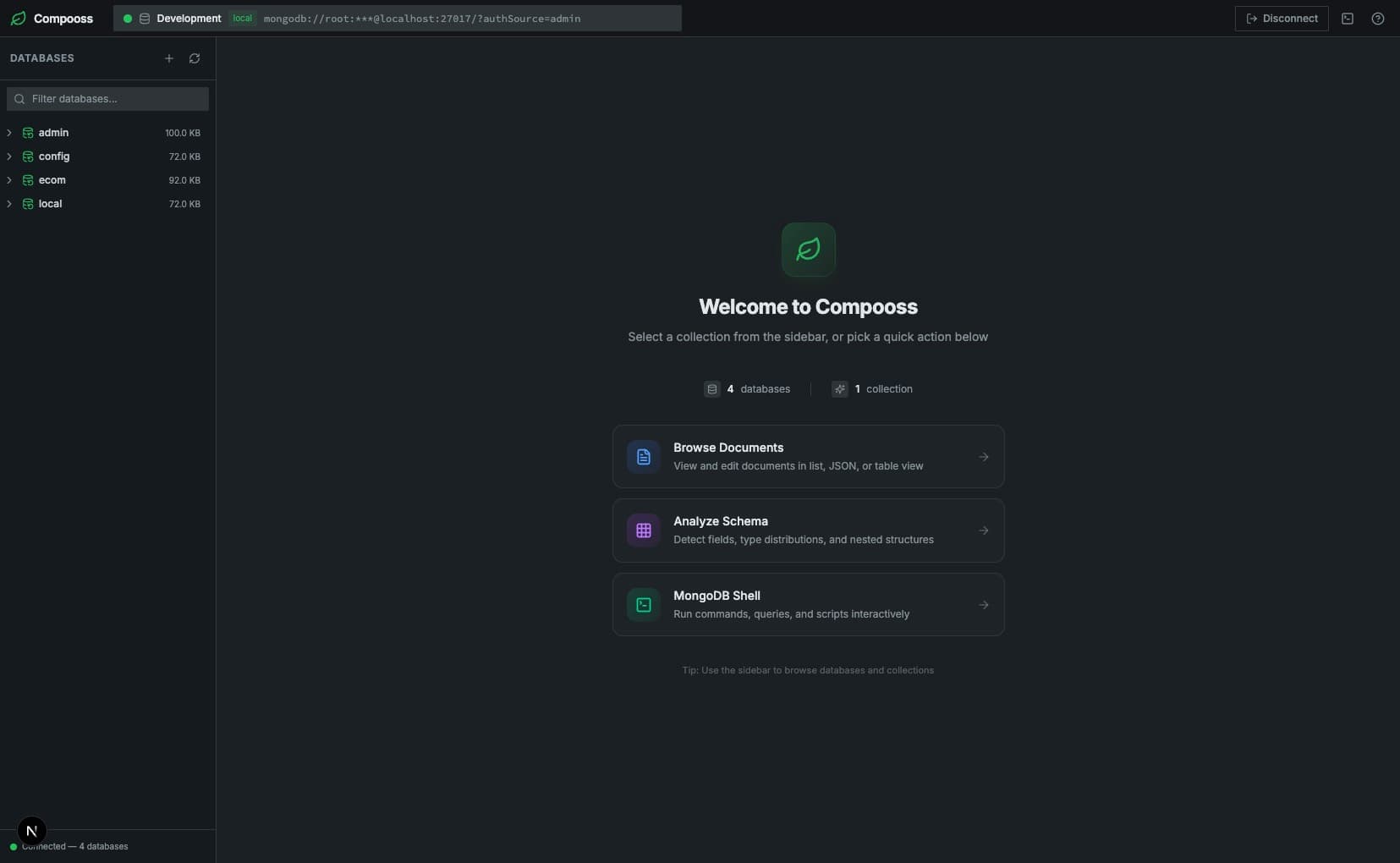 Compooss MongoDB GUI screenshot — database browser, collection explorer, and document viewer running inside Docker